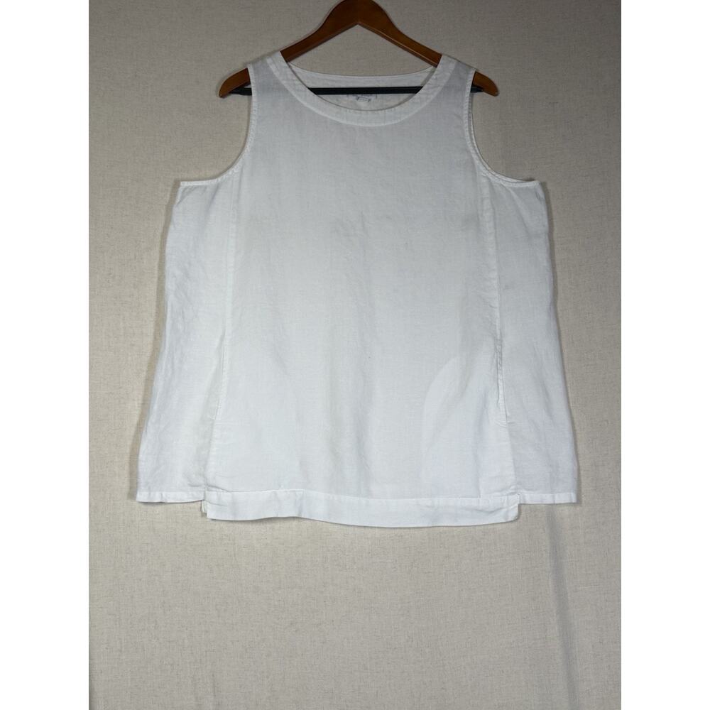 Pure Jill Linen Tunic Tank Women's L Petite White Sleeveless Boxy Side Pockets
